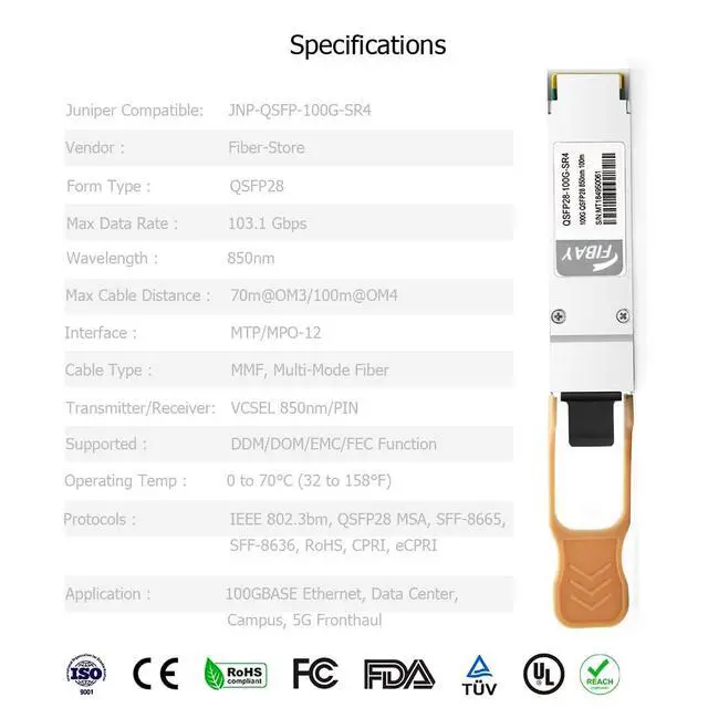 Alt view image 2 of 5 - 100G QSFP28 SR4 for Juniper JNP-QSFP-100G-SR4 100GBASE-SR4 QSFP28 Transceiver Module MMF 850nm 100m MTP/MPO DOM