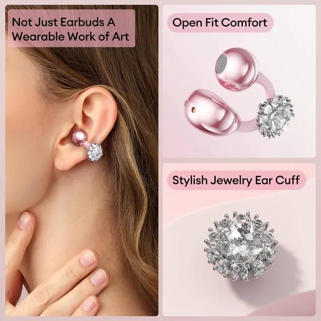 Alt view image 2 of 5 - PAXA Stylish Open Ear Clip On Earbuds with Removable Diamond Earring, Clip On Headphones with LCD Touch Screen, Fashionables Open Ear Headphones for Women, Diamond Earring Rose Gold Earbuds M100