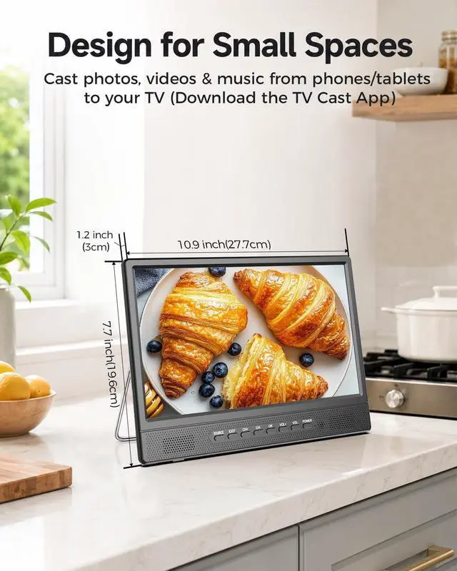Alt view image 2 of 5 - Desobry 12 Inch Small Smart TV, LCD Flat Screen Smart TV with WiFi, Built-in 180Adjustable Stand/ATSC Tuner/HDMI/AV/USB for Kitchen, Bedroom, Camping, RV, Small Space
