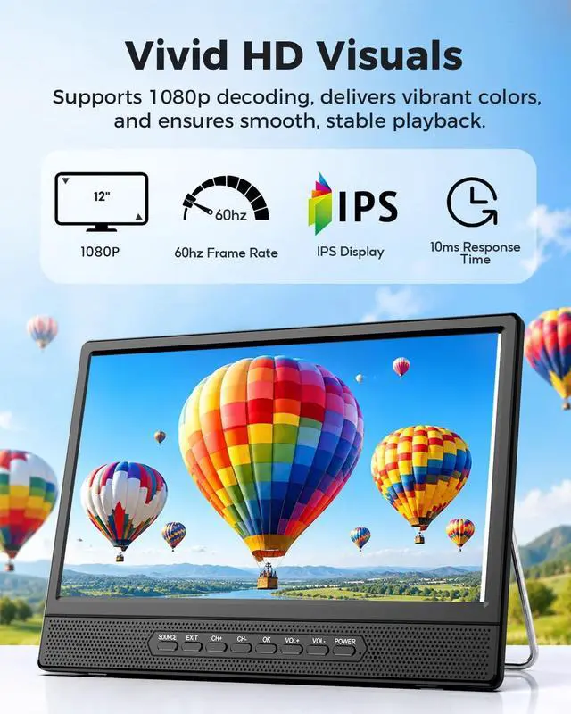 Alt view image 4 of 5 - Desobry 12 Inch Small Smart TV, LCD Flat Screen Smart TV with WiFi, Built-in 180Adjustable Stand/ATSC Tuner/HDMI/AV/USB for Kitchen, Bedroom, Camping, RV, Small Space