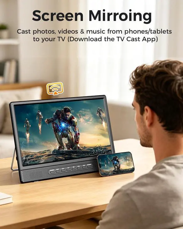 Alt view image 5 of 5 - Desobry 12 Inch Small Smart TV, LCD Flat Screen Smart TV with WiFi, Built-in 180Adjustable Stand/ATSC Tuner/HDMI/AV/USB for Kitchen, Bedroom, Camping, RV, Small Space