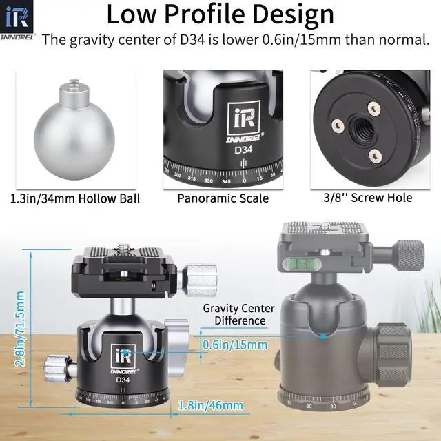 Alt view image 3 of 5 - INNOREL D34 34mm Low Profile Tripod Ball Head Professional All Metal CNC Panoramic Camera Tripod Head for Monopod,DSLR Cameras,Camcorder,DV with 1/4" Arca Swiss Quick Release Plate Load 33lb/15kg