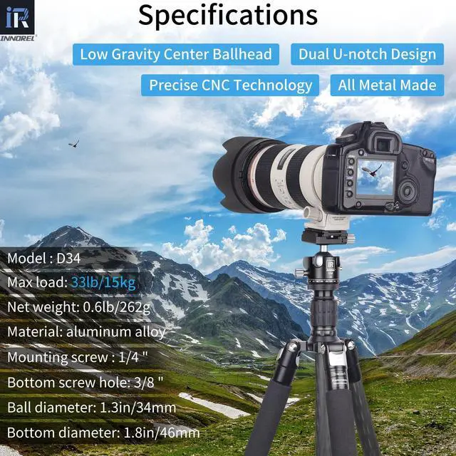 Alt view image 2 of 5 - INNOREL D34 34mm Low Profile Tripod Ball Head Professional All Metal CNC Panoramic Camera Tripod Head for Monopod,DSLR Cameras,Camcorder,DV with 1/4" Arca Swiss Quick Release Plate Load 33lb/15kg