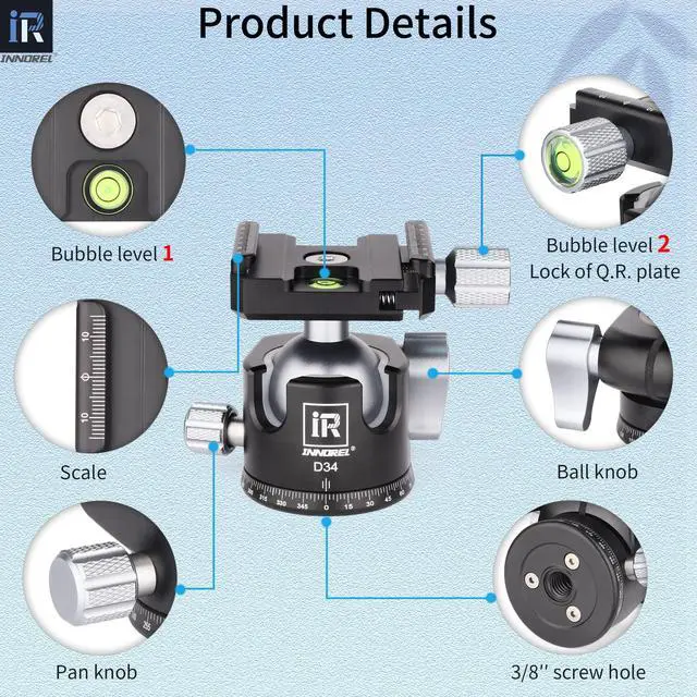 Alt view image 5 of 5 - INNOREL D34 34mm Low Profile Tripod Ball Head Professional All Metal CNC Panoramic Camera Tripod Head for Monopod,DSLR Cameras,Camcorder,DV with 1/4" Arca Swiss Quick Release Plate Load 33lb/15kg