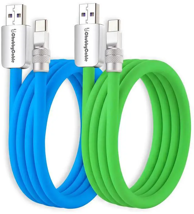 Main image of chubbycable Couple Chubby 2 Pack 120W USB C Cable Extra Thick Silicone Fast Charging Cable Compatible with iPhone 17-15 Series iPad Galaxy Series, Blue+Green, USB-A to Type-C, 6.6FT