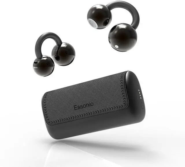 Main image of Essonio Ultra Open Ear Earbuds Removable Washable Case Wireless Clip On Headphones Powerful Sound Bluetooth 6.0 Dual Device Sync AI Clear Calls Waterproof for Sports Work Black