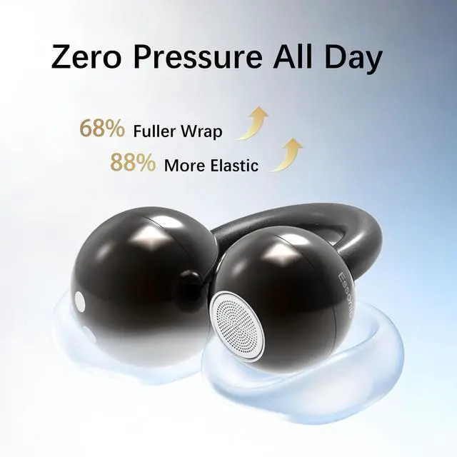 Alt view image 2 of 5 - Essonio Ultra Open Ear Earbuds Removable Washable Case Wireless Clip On Headphones Powerful Sound Bluetooth 6.0 Dual Device Sync AI Clear Calls Waterproof for Sports Work Black