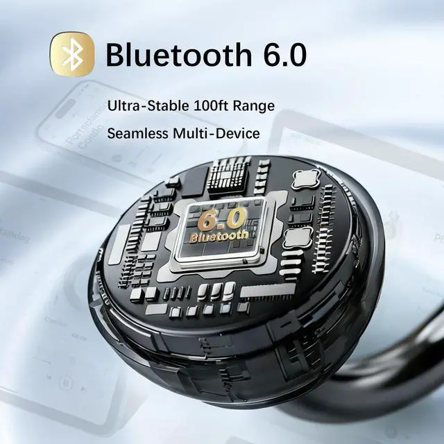 Alt view image 5 of 5 - Essonio Ultra Open Ear Earbuds Removable Washable Case Wireless Clip On Headphones Powerful Sound Bluetooth 6.0 Dual Device Sync AI Clear Calls Waterproof for Sports Work Black