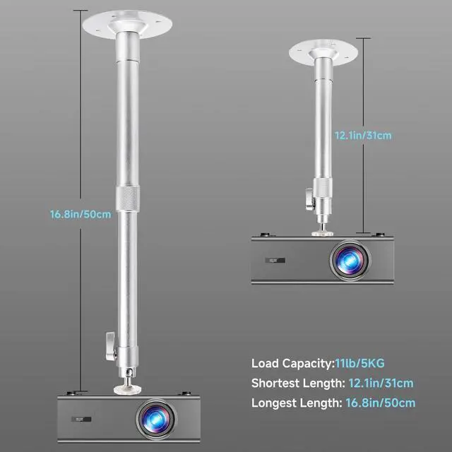 Alt view image 3 of 5 - KOGATA Projector Mount 360 Adjustable Projectors Ceiling Mount Adjustable Bracket with 360 Rotation, Extendable 3150cm, Hidden Cable Design, Universal 1/4" Screw Wall Mount Compatible GC357B