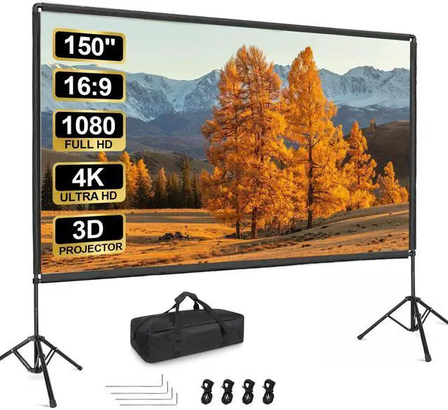 Main image of Outdoor Projector Screen with Stand, 150 inch Portable Projector Screen Stand with Elastic Rope Bar, Indoor 16:9 4K HD Wrinkle-Free Front Rear Projection Screen with Carry Bag for Movie Night Camping
