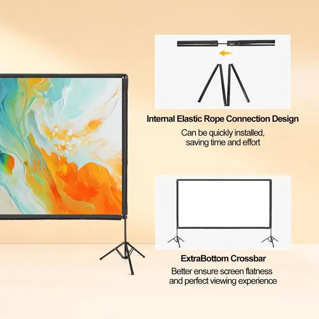 Alt view image 2 of 5 - Outdoor Projector Screen with Stand, 150 inch Portable Projector Screen Stand with Elastic Rope Bar, Indoor 16:9 4K HD Wrinkle-Free Front Rear Projection Screen with Carry Bag for Movie Night Camping