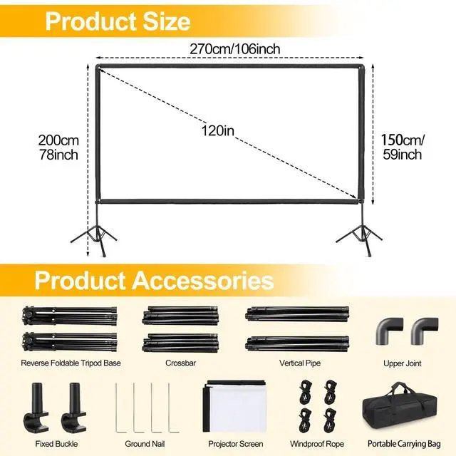 Alt view image 4 of 5 - Outdoor Projector Screen with Stand, 150 inch Portable Projector Screen Stand with Elastic Rope Bar, Indoor 16:9 4K HD Wrinkle-Free Front Rear Projection Screen with Carry Bag for Movie Night Camping
