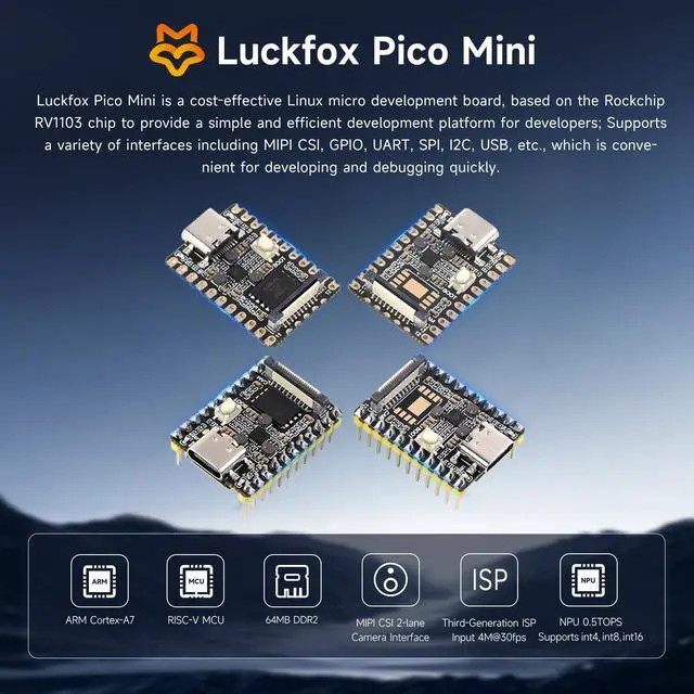 Alt view image 3 of 5 - Waveshare Luckfox Pico Mini RV1103 Linux Micro Development Board, Integrates ARM Cortex-A7/RISC-V MCU/NPU/ISP Processors with Flash