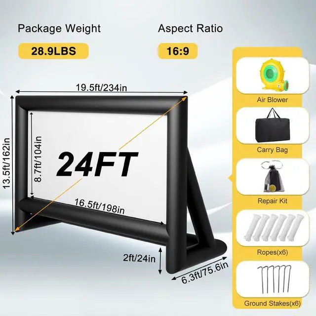 Alt view image 3 of 5 - Inflatable Projector Screen, 24FT Blow Up Movie Screen Outdoor Projector, Easy Set Up One-Piece Design Front & Rear Projection with Air Blower for Outside Backyard Family Movie Night Pool Party
