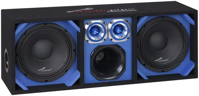 Main image of Audiopipe High Performance Vented Car Audio Enclosure (AP-CHU-1028BLU), Dual 10" Speakers 1000W Peak, 6x6 Midrange, Dual Tweeters, MDF 4 Ohm System with Quick Disconnect Cable