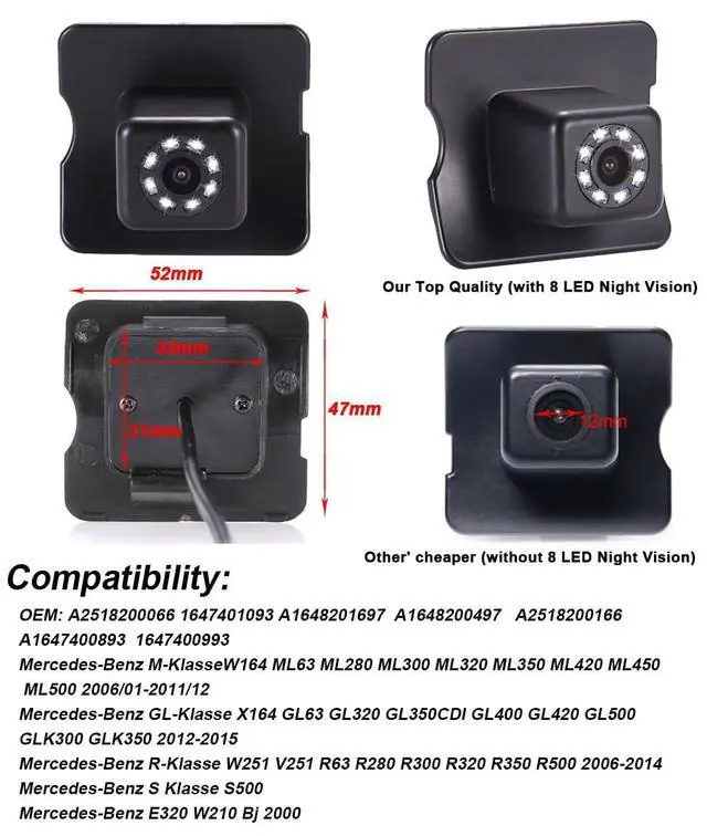 Alt view image 2 of 5 - Vehicle Rear View Camera with 8LEDs Waterproof Night Vision Backup Reverse Camera Replacement for Mercedes Benz MB ML320 CDI/ML350/ML300/ML250/ML63/W164/ML450