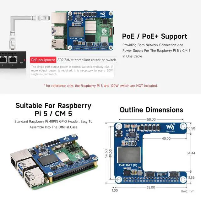 Alt view image 4 of 5 - Waveshare 2PCS Power Over Ethernet HAT (H), Compatible with Raspberry Pi 5/CM 5, 5V 5A Output, Stable Performance, Supports 802.3af/at Network, Isolated Switched-mode Power Supply, PoE HAT, Board ONLY