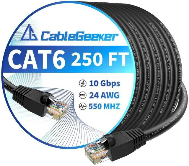 Main image of CableGeeker Cat 6 Ethernet Cable 250 ft, High Speed 10Gbps CCA Internet Network Cable, 24AWG Heavy Duty Patch Cord, UTP LAN Internet Patch Cable for Router, Modem, PS5/4, Xbox, Server, Black
