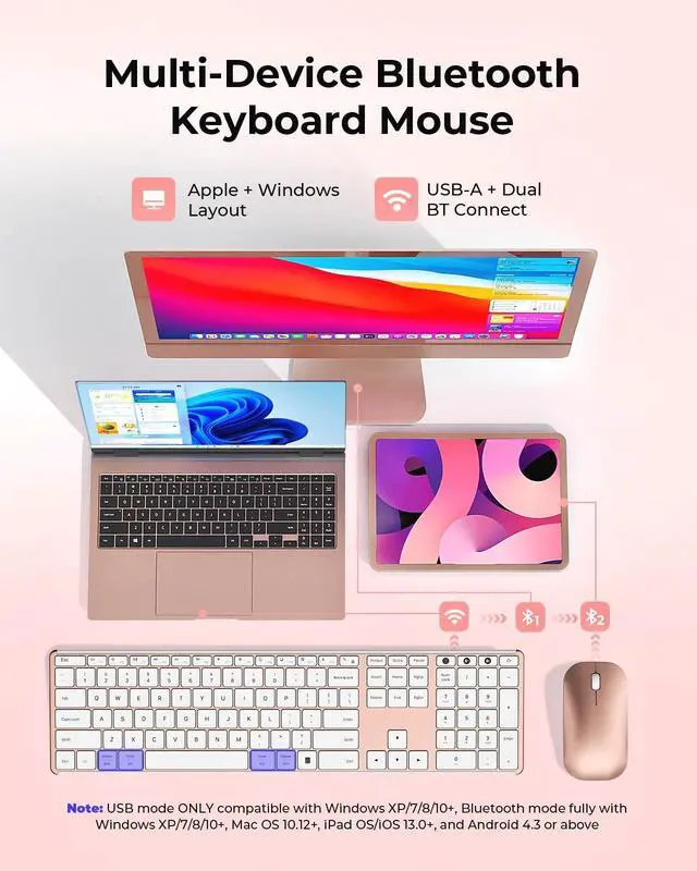 Alt view image 2 of 5 - seenda Wireless Bluetooth Keyboard and Mouse Combo, SKM64-3 Rechargeable Slim Quiet Keyboard Mouse, 3 Multi-Device Connection, Compatible for Windows 11/10 PC Laptop Mac MacBook iPad, White Ros