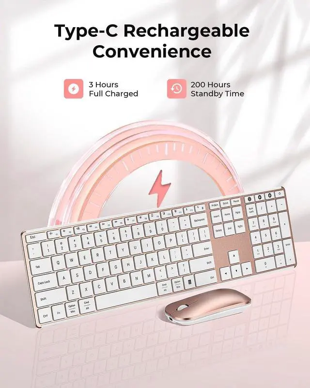Alt view image 3 of 5 - seenda Wireless Bluetooth Keyboard and Mouse Combo, SKM64-3 Rechargeable Slim Quiet Keyboard Mouse, 3 Multi-Device Connection, Compatible for Windows 11/10 PC Laptop Mac MacBook iPad, White Ros