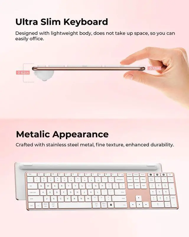 Alt view image 4 of 5 - seenda Wireless Bluetooth Keyboard and Mouse Combo, SKM64-3 Rechargeable Slim Quiet Keyboard Mouse, 3 Multi-Device Connection, Compatible for Windows 11/10 PC Laptop Mac MacBook iPad, White Ros
