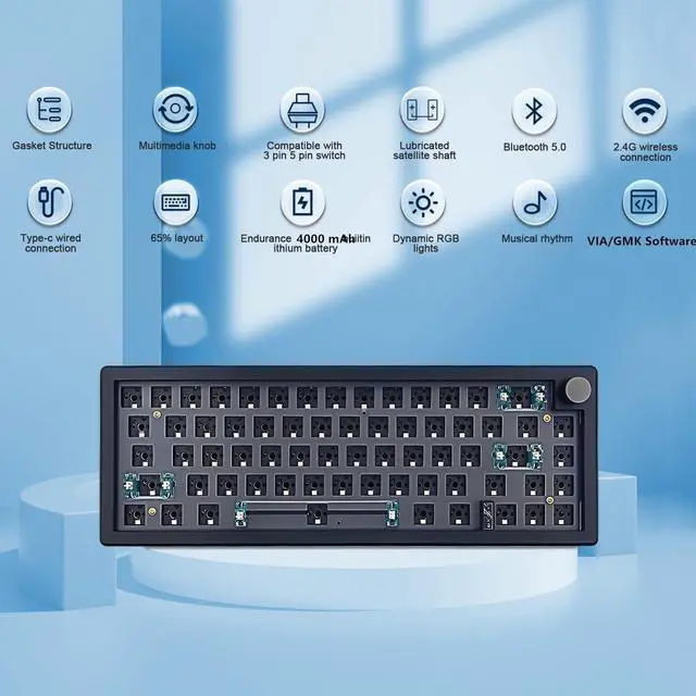 Alt view image 4 of 5 - BOYI GMK67 Barebones Keyboard Kit,VIA Programmable Custom BT5.0/2.4GHz/Type-C Tri-Mode Gasket Mounted Hot Swap RGB 4000mAh Wireless 65% Mechanical Gaming Keyboard DIY Kit with Knob(Black)