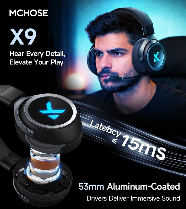 Alt view image 2 of 5 - MCHOSE X9 Wireless Gaming Headset for PC PS5 PS4, 2.4GHz USB & Bluetooth, 7.1 Surround Sound, 53mm Driver, Low Latency, Noise Cancelling Mic, Multi-Platform Compatibility, RGB Headphones