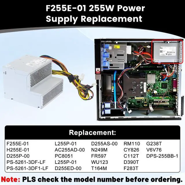 Alt view image 4 of 5 - Upgraded New F255E-01 N249M 255W Power Supply Compatible with Dell Optiplex 580 760 780 960 980 DT PSU Replacement Parts D255P-00 AC255AD-00 L255P-01 V6V76 RM110 FR597 for Dell Power Supply
