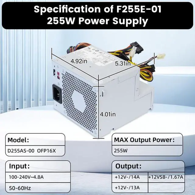 Alt view image 5 of 5 - Upgraded New F255E-01 N249M 255W Power Supply Compatible with Dell Optiplex 580 760 780 960 980 DT PSU Replacement Parts D255P-00 AC255AD-00 L255P-01 V6V76 RM110 FR597 for Dell Power Supply