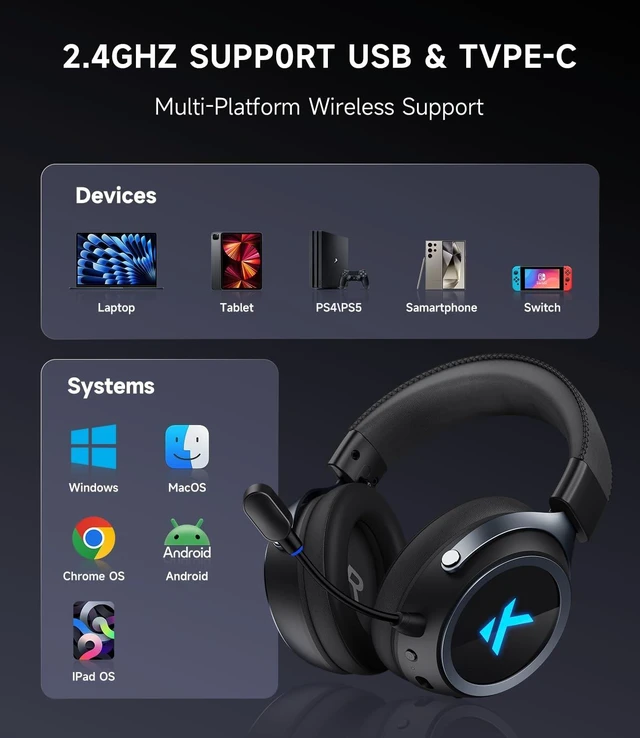 Alt view image 3 of 5 - MCHOSE X9 Wireless Gaming Headset for PC PS5 PS4, 2.4GHz USB & Bluetooth, 7.1 Surround Sound, 53mm Driver, Low Latency, Noise Cancelling Mic, Multi-Platform Compatibility, RGB Headphones