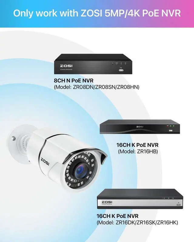 Alt view image 3 of 5 - ZOSI 4PK 5MP Add-on POE Security Camera with Ethernet Cables, Outdoor Bullet Camera with 120ft Night Vision, IP66 Weatherproof, Only Compatible ZOSI PoE NVR Recorder(Model:ZR08SN,ZR08HN,ZR16SK,ZR16HK)