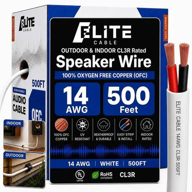 Main image of 14/2 Audio Speaker Wire Cable, 14AWG/2-Conductor, UL Listed, CMR/CL3R, (Riser/in-Wall & Outdoor/In-Ground (Direct Burial)- 100% Oxygen Free Pure Bare Copper (OFC), 500ft Bulk Cable (105 Strands)