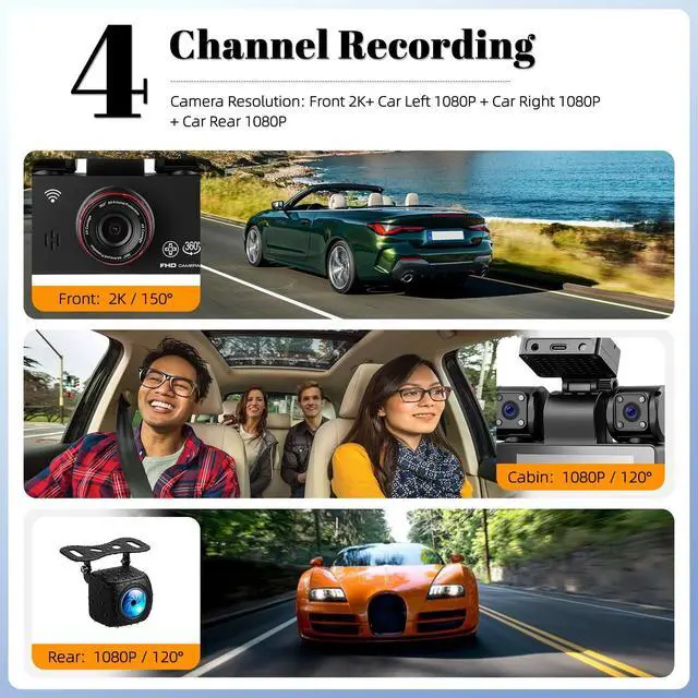 Alt view image 2 of 5 - 4 Channel Dash Cam for Cars,360 Degree View 2K Dash Cam Car Camera Front and Rear Inside Left Right,3 Dashcams with GPS Wi-Fi & App Control Night Vision,G-Sensor Loop Recording,24H Parking Mode