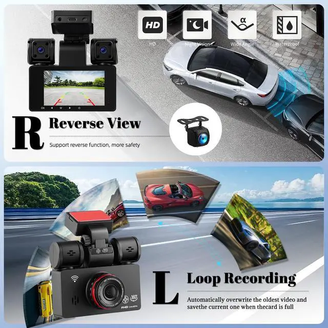 Alt view image 3 of 5 - 4 Channel Dash Cam for Cars,360 Degree View 2K Dash Cam Car Camera Front and Rear Inside Left Right,3 Dashcams with GPS Wi-Fi & App Control Night Vision,G-Sensor Loop Recording,24H Parking Mode
