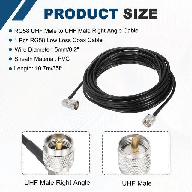 Alt view image 2 of 5 - MECCANIXITY Black RG58 CB Coax Cable 35ft, 50 Ohm Low Loss UHF Male to UHF Male Right Angle Extension Jumper Cable for HAM Radio, Antenna Analyzer, HF Radio, and Communication Devices