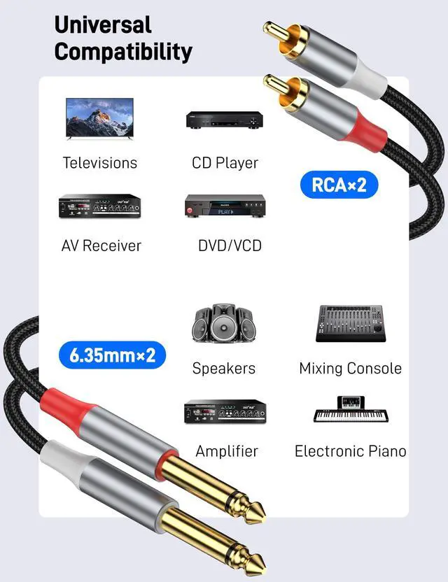 Alt view image 5 of 5 - KAYQINHO RCA to 1/4 inch Cable, Dual 1/4 inch TS Stereo Jack Male to 2 RCA Male Stereo Audio Cable Splitter Adapter for Mixer/Speaker/AMP, 49FT.