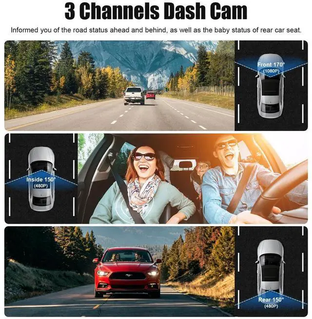 Alt view image 2 of 5 - 3 Channel Dash Cam Front and Rear Inside, 1080P Car DVR Camera with 32GB Card, 24H Parking Monitor with Motion Detection, APP Control, Loop Recording