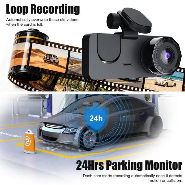 Alt view image 4 of 5 - 3 Channel Dash Cam Front and Rear Inside, 1080P Car DVR Camera with 32GB Card, 24H Parking Monitor with Motion Detection, APP Control, Loop Recording