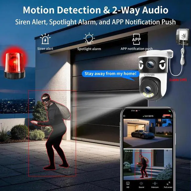 Alt view image 3 of 5 - Luovisee Dual Lens Security Camera Outdoor/Indoor,Wired Camera for Home Security for Plug-in 24/7 Continuous Recording,360 View Pan/Tilt,Siren Alarm,Two Way Audio,2.4GHz Wi-Fi