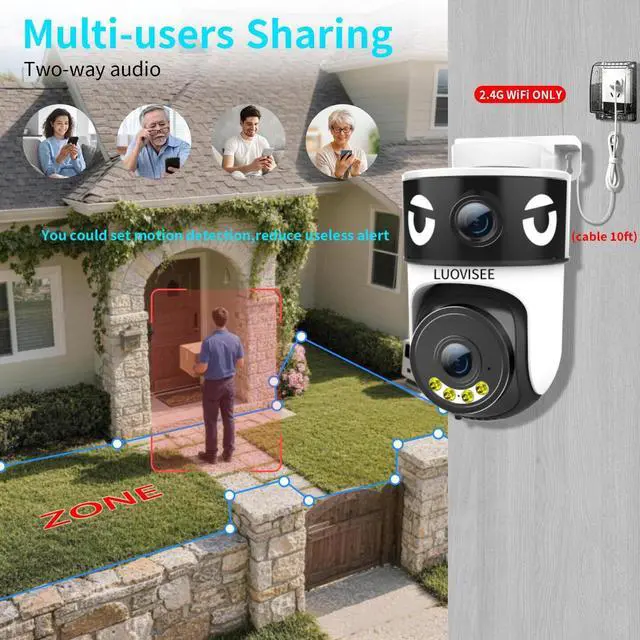 Alt view image 5 of 5 - Luovisee Dual Lens Security Camera Outdoor/Indoor,Wired Camera for Home Security for Plug-in 24/7 Continuous Recording,360 View Pan/Tilt,Siren Alarm,Two Way Audio,2.4GHz Wi-Fi