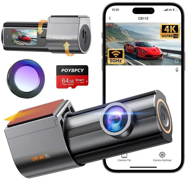 Main image of Dash Cam Front 4K, Built-in 5GHz WiFi with CPL, Car Camera Dashcam with UHD 2160P, 64GB Card, 24H Parking Monitor, Super Night Vision, WDR, G-Sensor, App Control, 170 Wide Angle, Support 256GB Max
