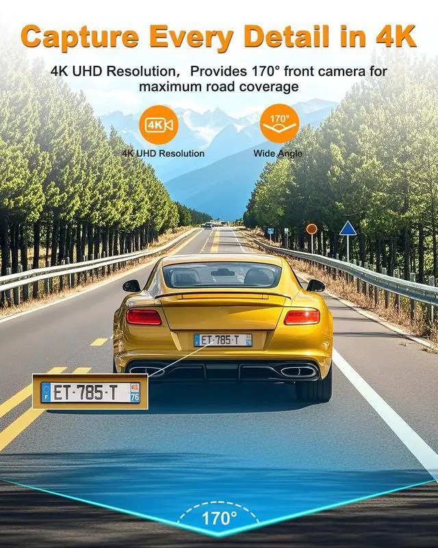 Alt view image 4 of 5 - Dash Cam Front 4K, Built-in 5GHz WiFi with CPL, Car Camera Dashcam with UHD 2160P, 64GB Card, 24H Parking Monitor, Super Night Vision, WDR, G-Sensor, App Control, 170 Wide Angle, Support 256GB Max