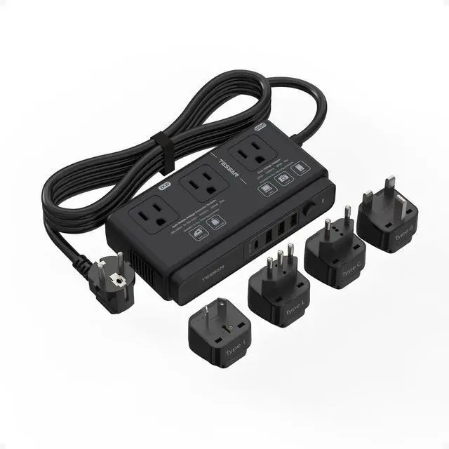 Main image of 220V to 110V Converter, TESSAN Travel Voltage Converter with 4 USB Ports (1 USB C), 3 AC Outlet and EU UK AU IT Universal Travel Adaptor, Step Down Transformer Power Outlet Adapter Combo Black