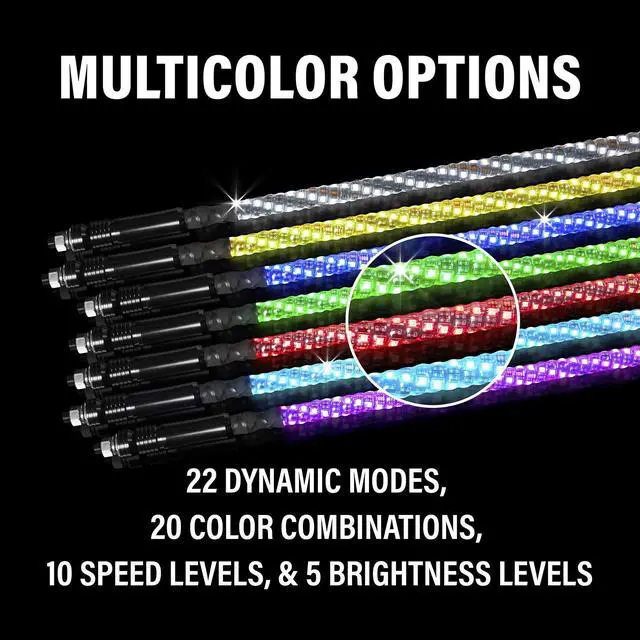 Alt view image 2 of 5 - BOSS Audio Systems WP4 ATV Whip - 48 inch, 360 degree RGB (Red/Green/Blue) Multicolor, 20 Color Combinations, 15 Brightness Levels, Marine Rated Weatherproof IP67, Easy Installation