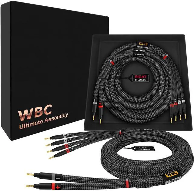 Main image of WORLDS BEST CABLES 8 Foot Ultimate - 7 AWG - Ultra-Pure OFC Extra Premium Audiophile HiFi Bi-Wire Speaker Cable Pair with Eminence Gold Banana Plugs & Carbon Tweed Jacket