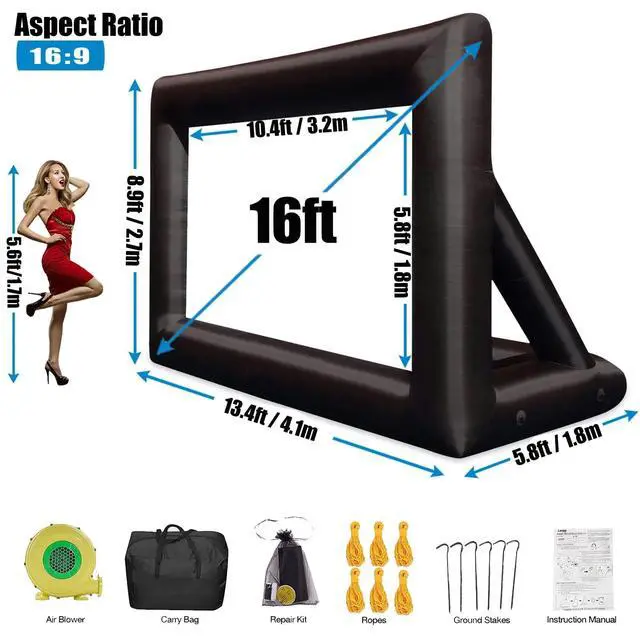 Alt view image 4 of 5 - Inflatable Projector Screen - 16FT Outdoor Movie Screen Blow Up for Movie Parties Backyard Outside with Air Blower and Carry Bag, Front and Rear Projection