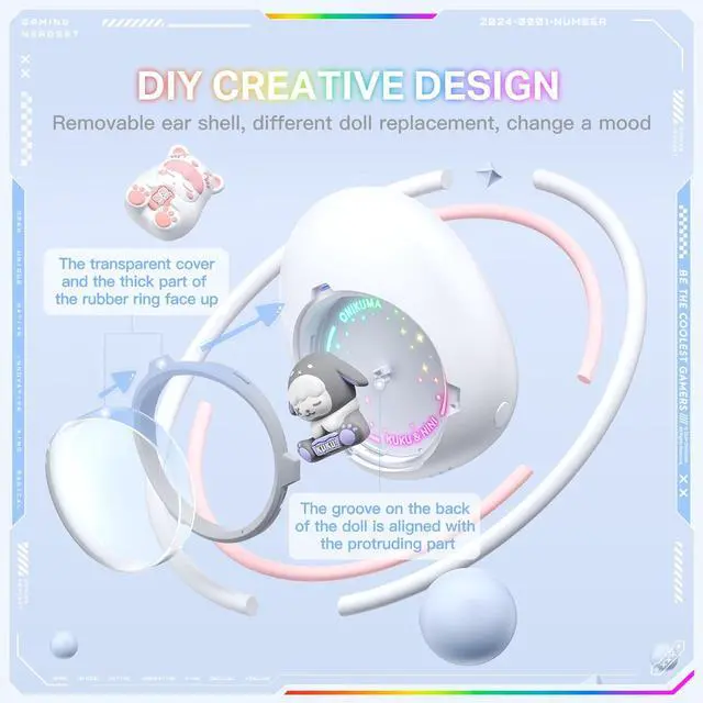 Alt view image 3 of 5 - Lyivs Cute Wireless Earbuds for Girls with RGB Lights Bluetooth 5.4 Earphones, 10mm Drivers, 6H Playtime, Type-C, Semi in-Ear Design for Sports & Gifts (White)