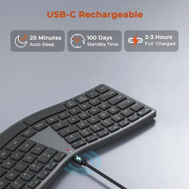 Alt view image 5 of 5 - MEETION Wireless Ergonomic Keyboard, S-Curve Design Split Keyboard, 2.4G Wireless & Dual Bluetooth Keyboards, Slim Low-Profile Keys, Type-C Rechargeable, Full-Size Layout for Windows, Ma