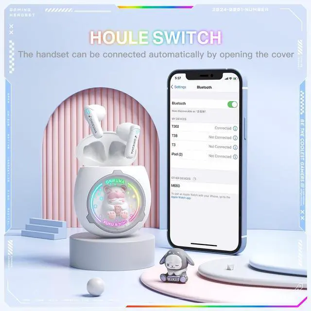 Alt view image 4 of 5 - Lyivs Cute Wireless Earbuds for Girls with RGB Lights Bluetooth 5.4 Earphones, 10mm Drivers, 6H Playtime, Type-C, Semi in-Ear Design for Sports & Gifts (White)