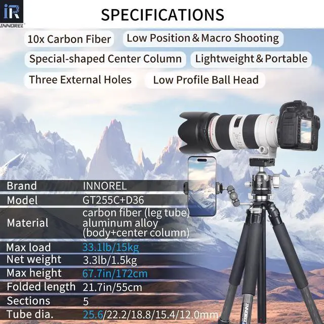 Alt view image 2 of 5 - Carbon Fiber Tripod-INNOREL GT255C Professional Camera Compact Tripod Stand for Travel Outdoor Digital DSLR with Low Gravity Center Ballhead Special-Shaped Center Column Max Height 67.7in/172cm